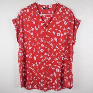 Pleione Womens XXL Red White Blue Floral V-Neck Popover Top Blouse Short Sleeve